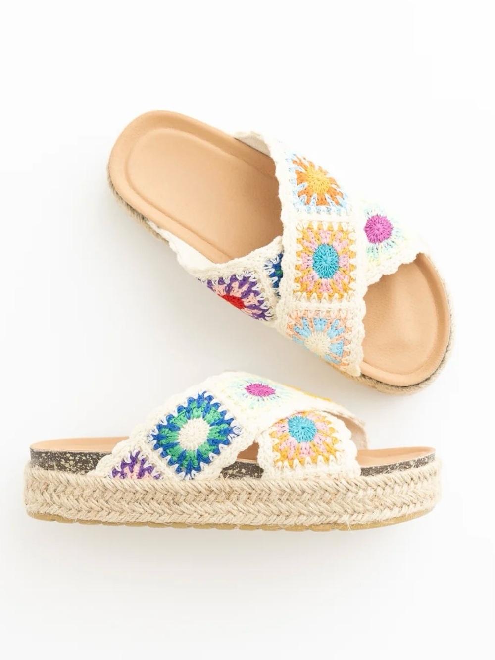 Boho Multicolor Crochet Slide Sandals Size 9